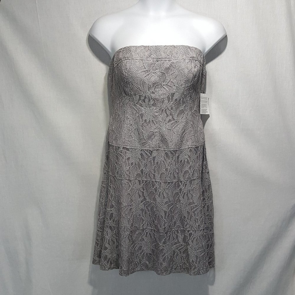 NEW Ann Klein Silver Strapless Lace Dress 12